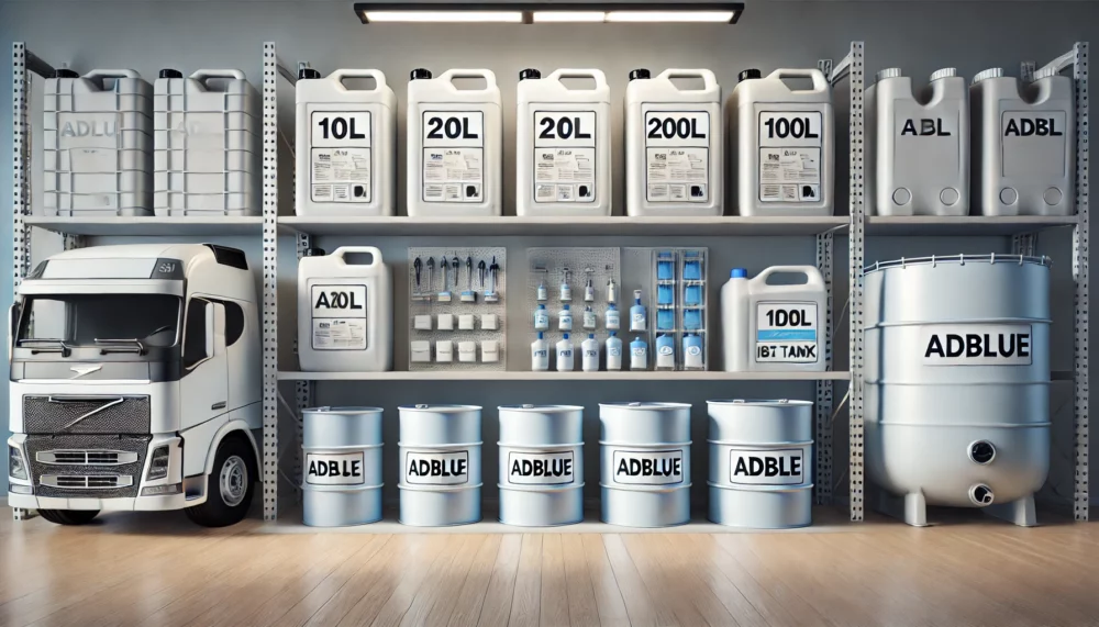 AdBlue containers arranged on shelves